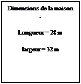 Zone de Texte: Dimensions de la maison :
Longueur = 28 m
largeur = 32 m
 

